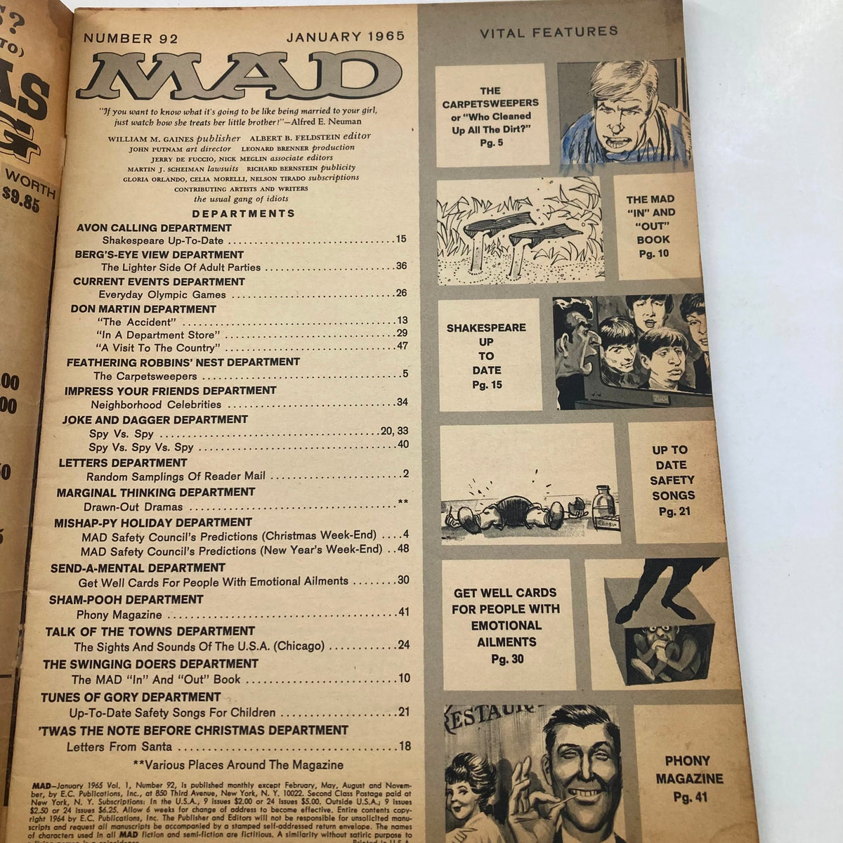 Contents page of Mad Magazine January 1965 No. 92 featuring a list of articles and departments including 'The Carpetsweepers' and other classic Mad features, indicative of the magazine's comedic style.