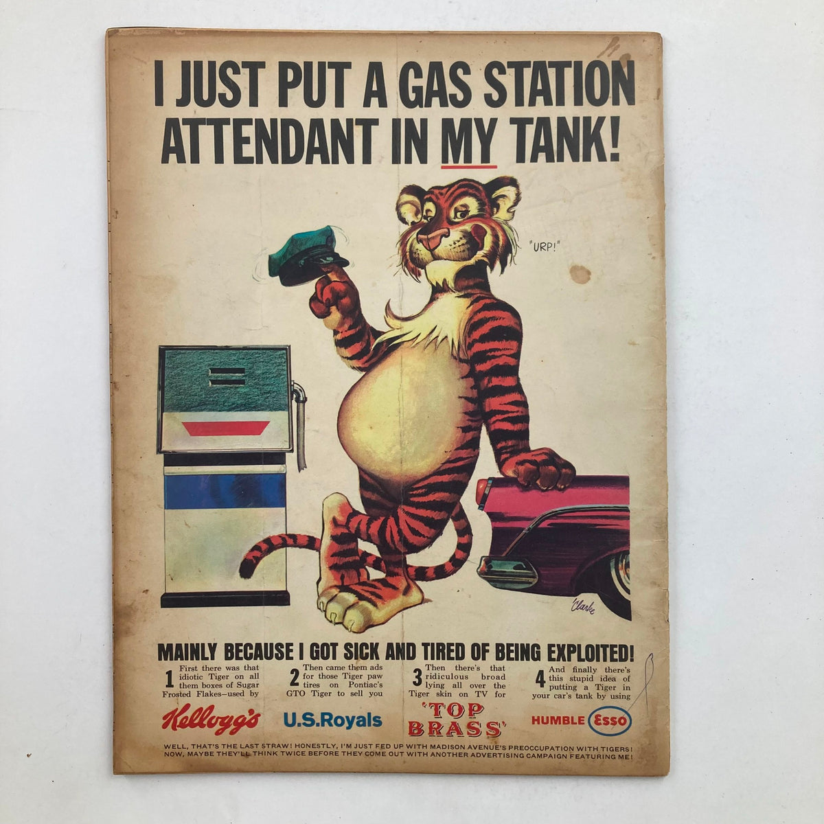 Back cover of Mad Magazine January 1965 No. 92 showcasing a cartoon illustration of a tiger holding a gas pump with a humorous caption, representing the vintage comedic style of the magazine.