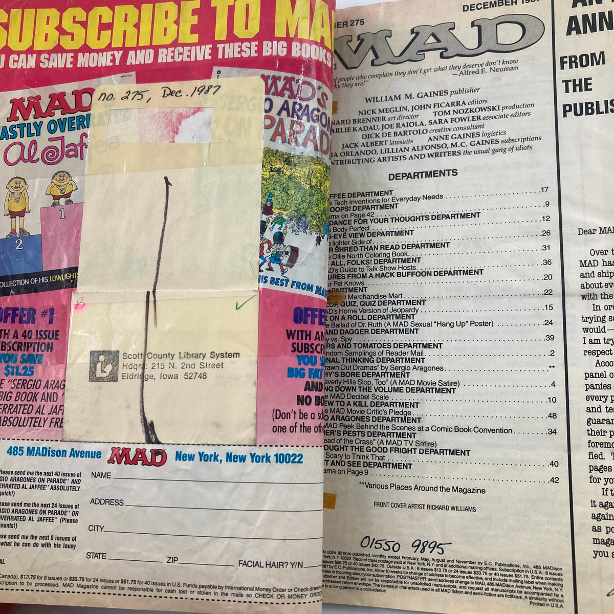 Inside pages of Mad Magazine December 1987 No. 275, displaying the table of contents and subscription offer, illustrating the magazine's vintage charm and unique articles.