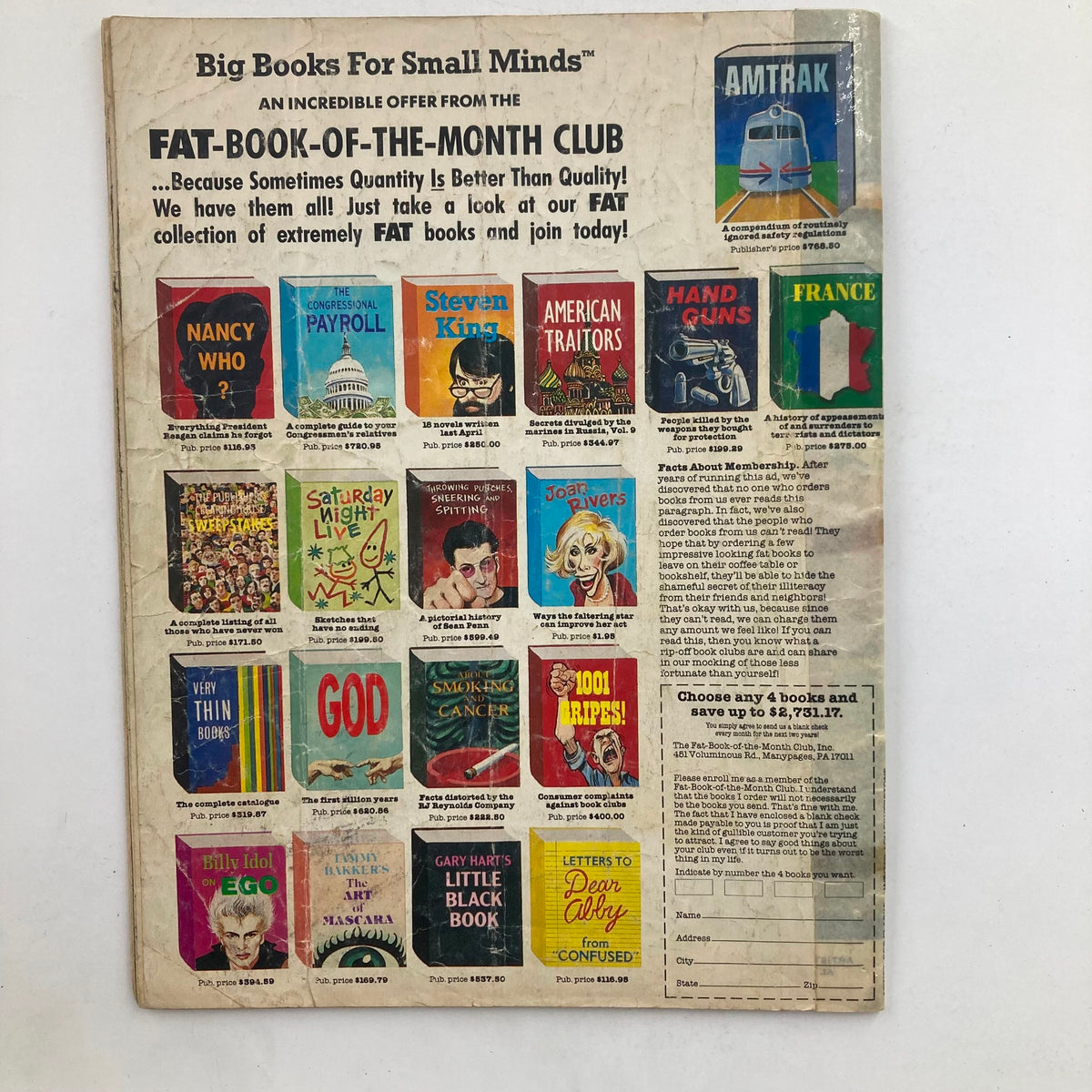 Back cover of Mad Magazine December 1987 Issue No. 275, featuring advertisements for various books and collectibles, emphasizing its collectible value and connection to pop culture.