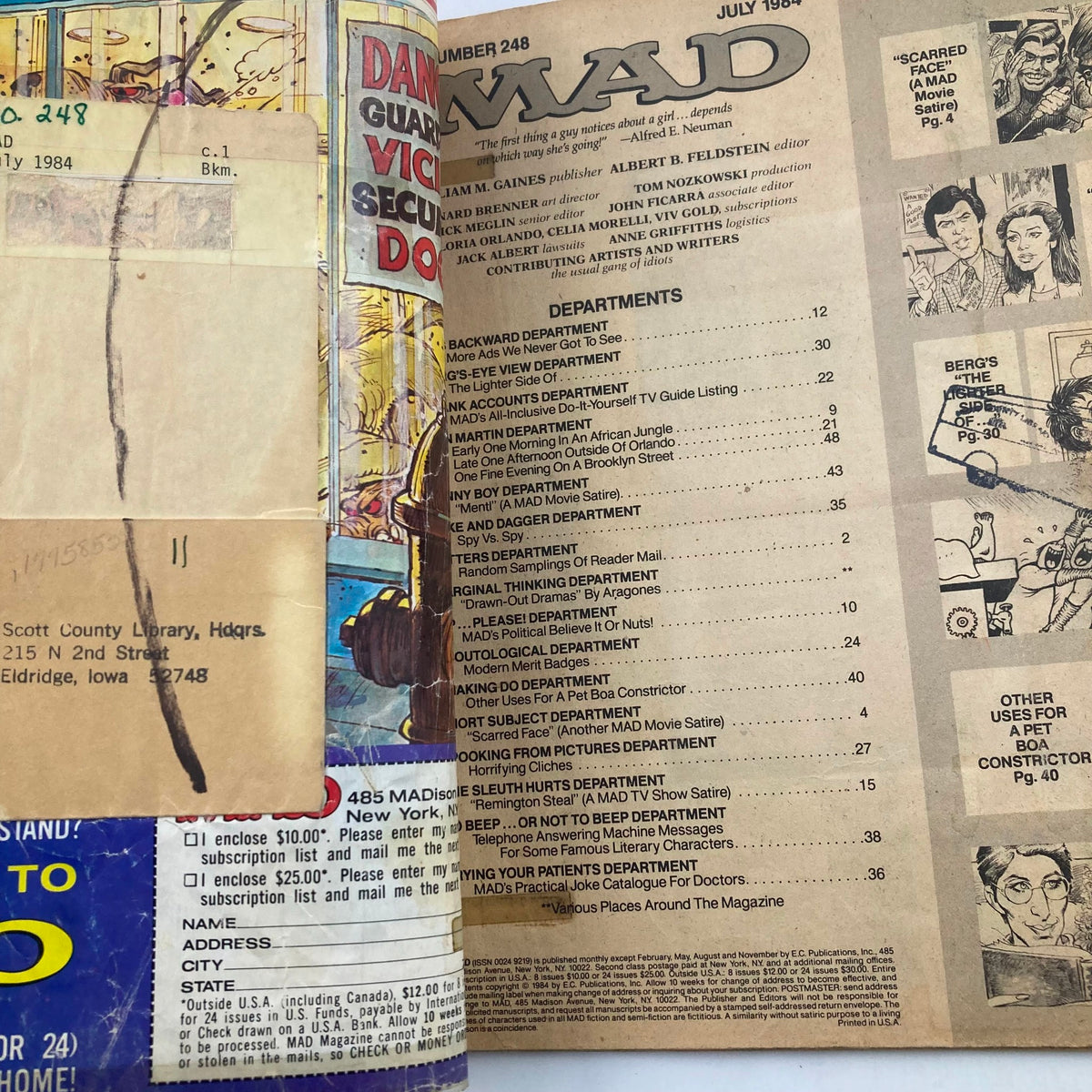 Interior page from Mad Magazine July 1984 No. 248 displaying the table of contents with featured articles and humorous segments reflective of the publication's distinct satire.