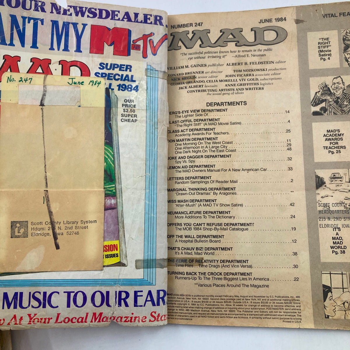 Interior page of Mad Magazine June 1984 No. 247 showing contents and advertisements from the magazine.