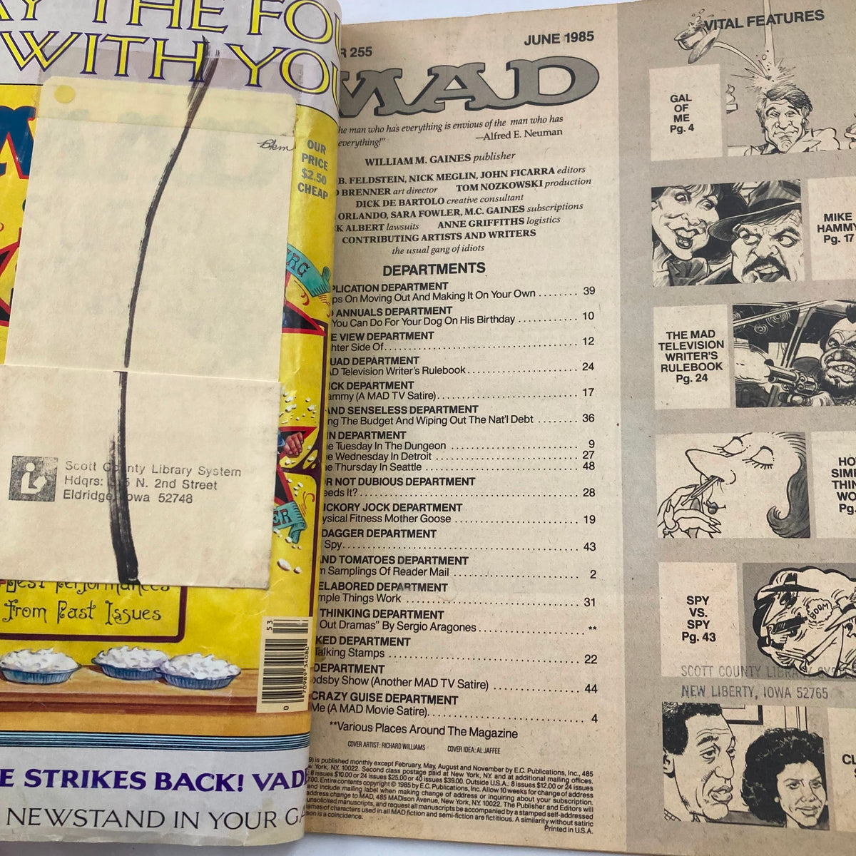 Inside page of Mad Magazine June 1985 No. 255 showcasing the table of contents and various departments featuring comedic articles and illustrations.