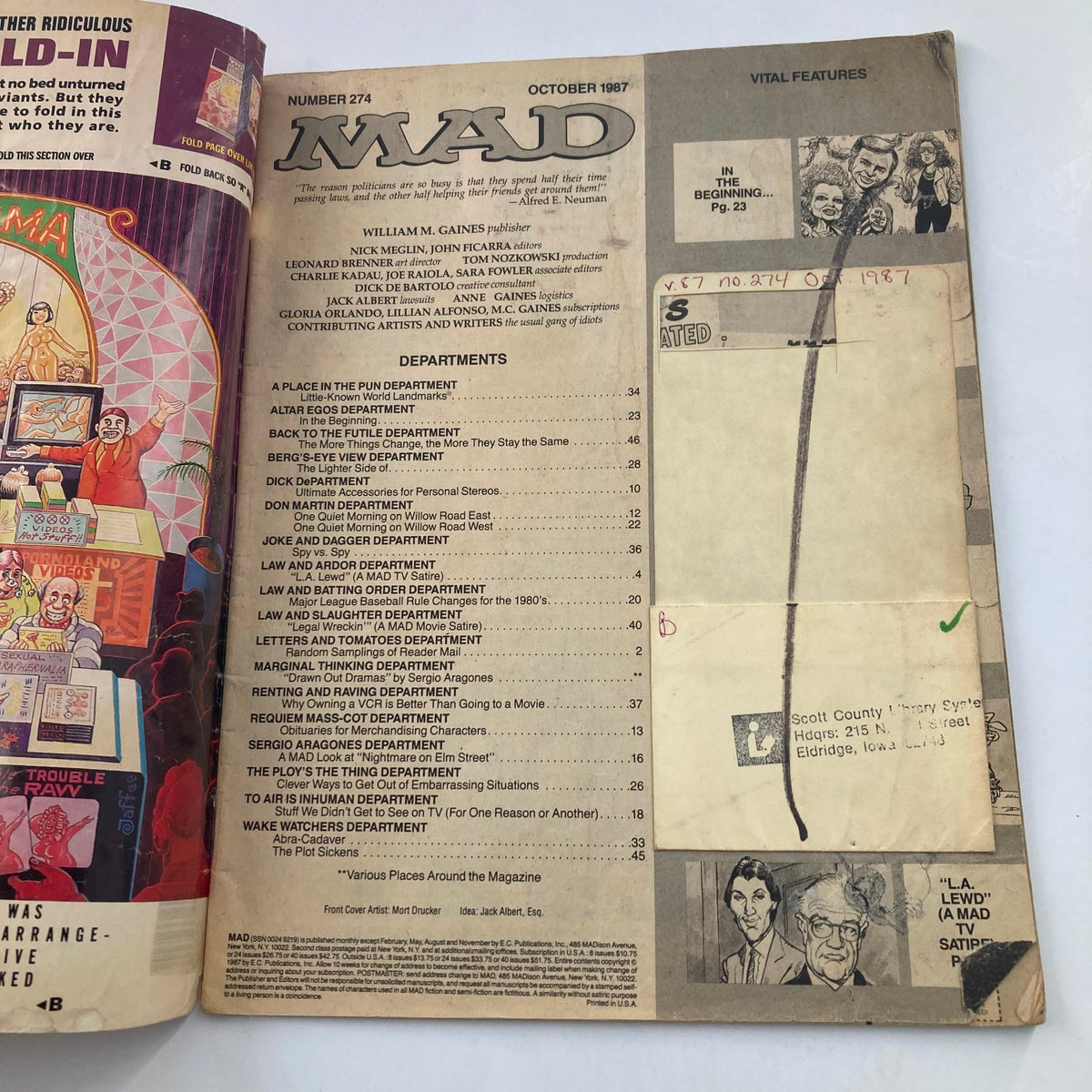Interior page of Mad Magazine October 1987 No. 274 displaying the table of contents and article headings, showcasing the magazine's unique humor and features.
