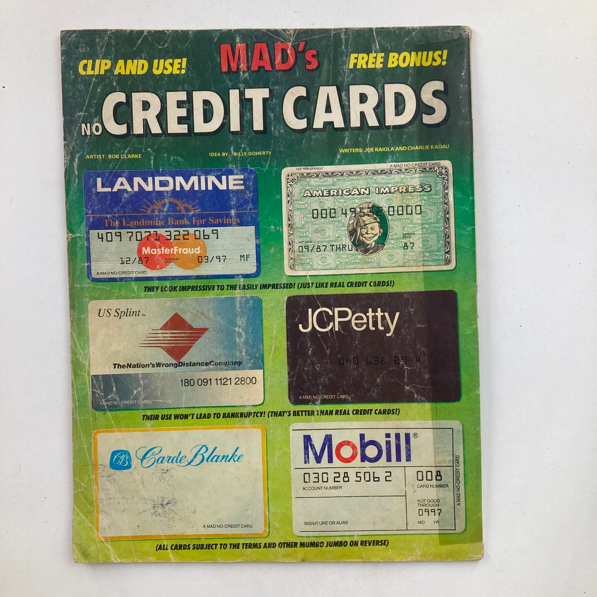 Back cover of Mad Magazine October 1987 No. 274 with an illustration of humorous mock credit cards, adding to the comedic theme of the magazine.