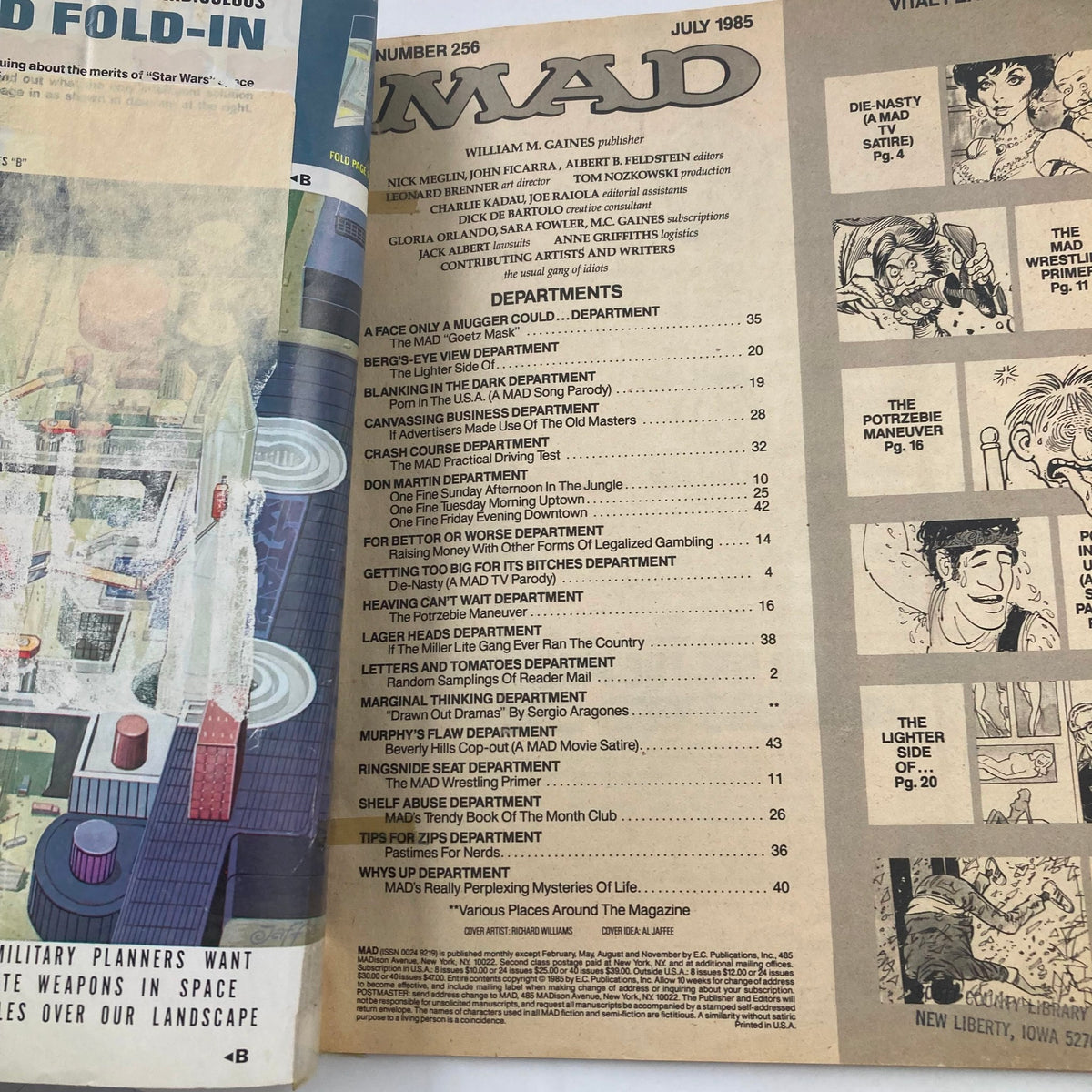 Interior page of Mad Magazine July 1985 No. 256 showcasing the table of contents and department listings, highlighting various comedic topics.