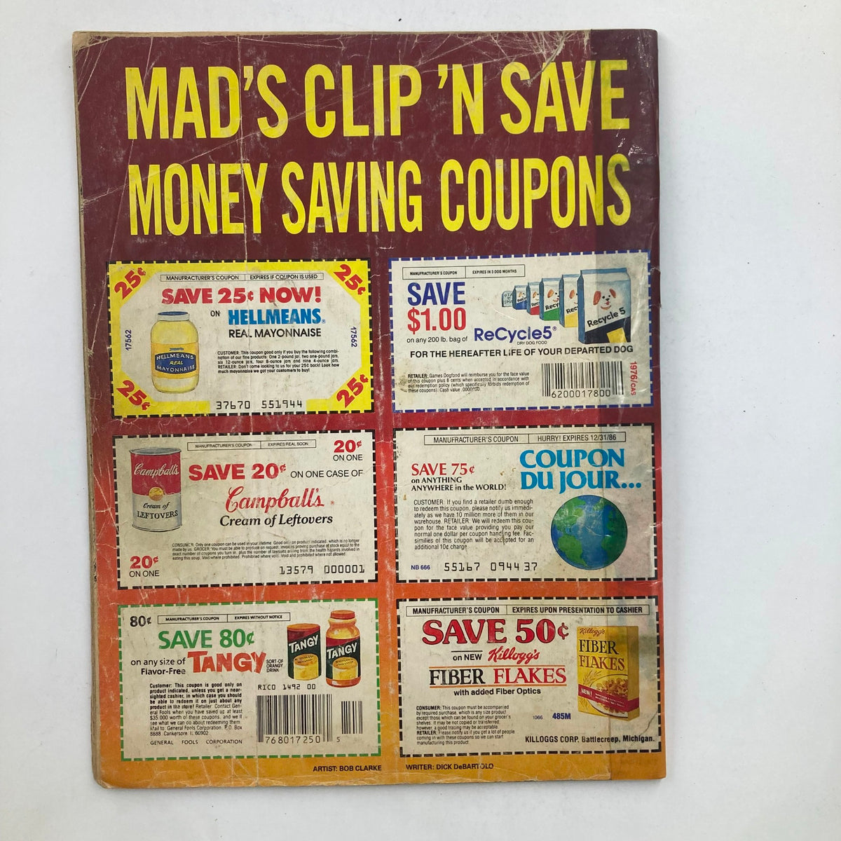 Back cover of Mad Magazine January 1988 No. 276 featuring various money-saving coupons. Illustrates the magazine's playful and humorous advertising style.