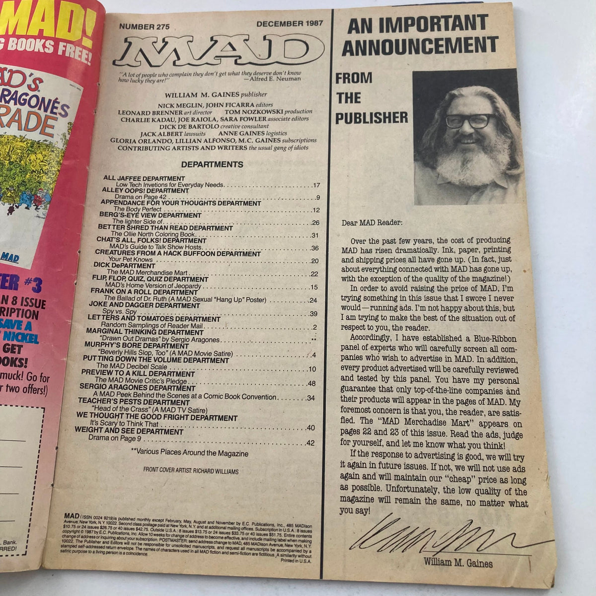 Interior page of Mad Magazine December 1987 No. 275 featuring an announcement from the publisher William M. Gaines, showcasing features and departments of the magazine.