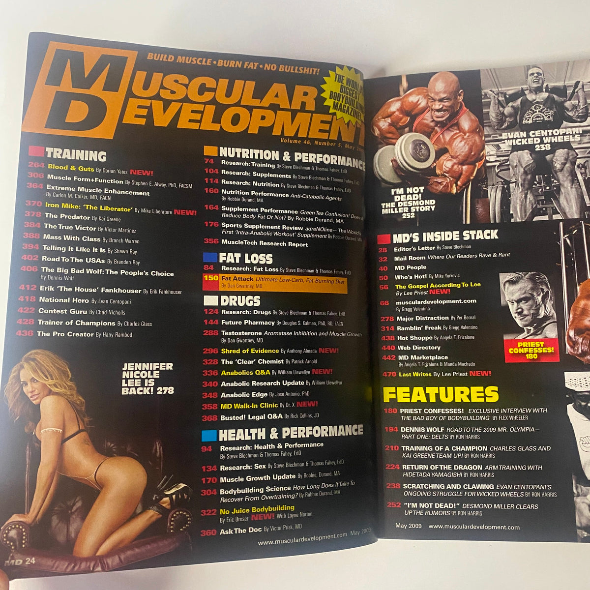 Table of Contents for Muscular Development Magazine May 2009 Vol 46 No. 5, highlighting features such as training, nutrition, and exclusive interviews, including content on bodybuilding and fitness.