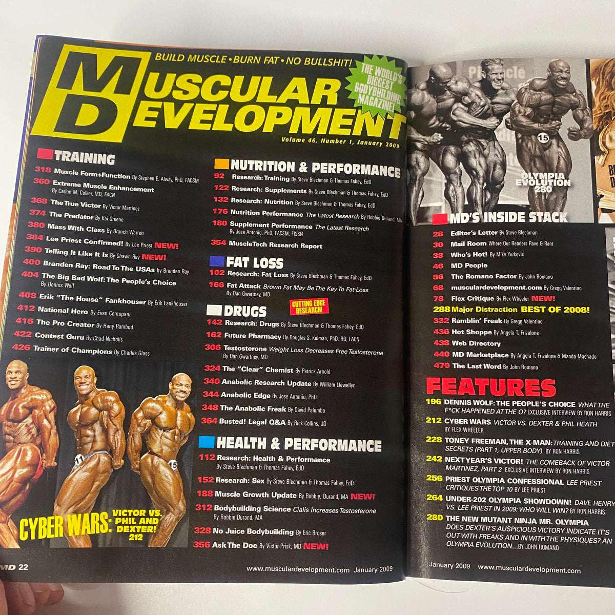 Inside page of Muscular Development Magazine, January 2009, Vol 46 No. 1 showcasing the table of contents including features on training, nutrition, and exclusive interviews.