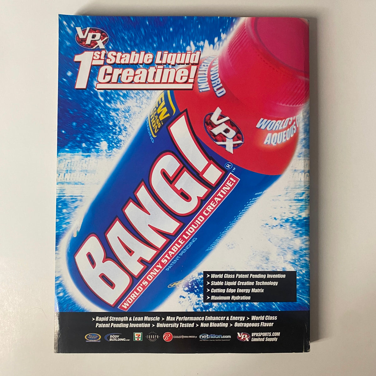 Product advertisement for BANG! Liquid Creatine located within the context of fitness supplements in Muscular Development Magazine, January 2009, highlighting its unique benefits.
