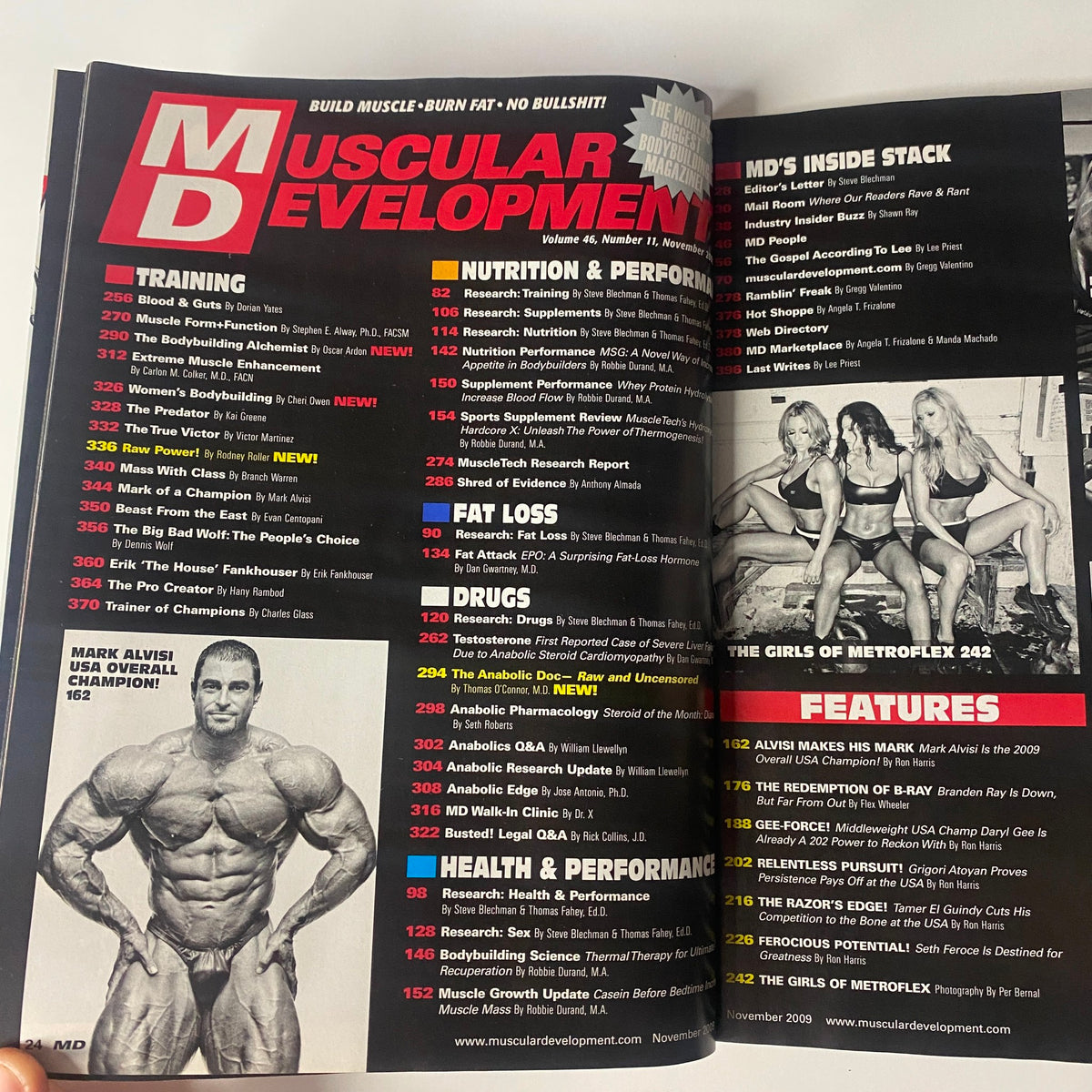 Inside page of Muscular Development Magazine November 2009 with a focus on training, nutrition, and featured bodybuilding articles including Mark Alvisi.