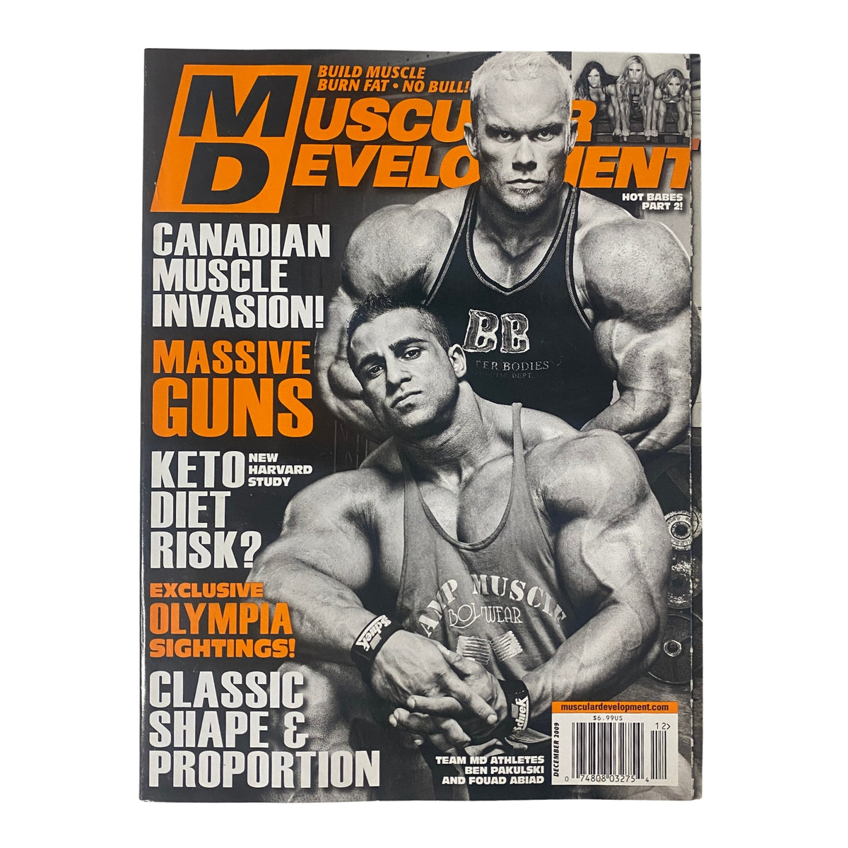 Muscular Development Magazine December 2009 featuring Ben Pakulski and Fouad Abiad on the cover. Highlights include 'Canadian Muscle Invasion!' and fitness insights, showcasing the rise of bodybuilding rookies in very good condition.
