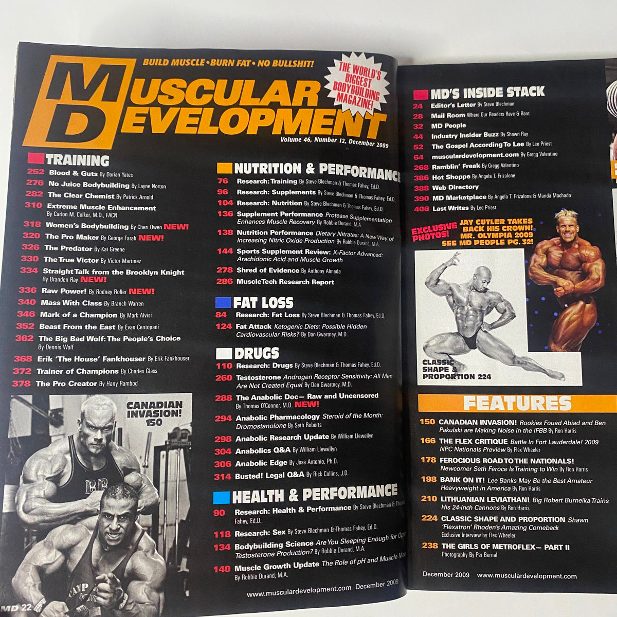 Table of contents from Muscular Development Magazine December 2009 featuring articles on training, nutrition, and interviews with bodybuilders Ben Pakulski and Fouad Abiad.
