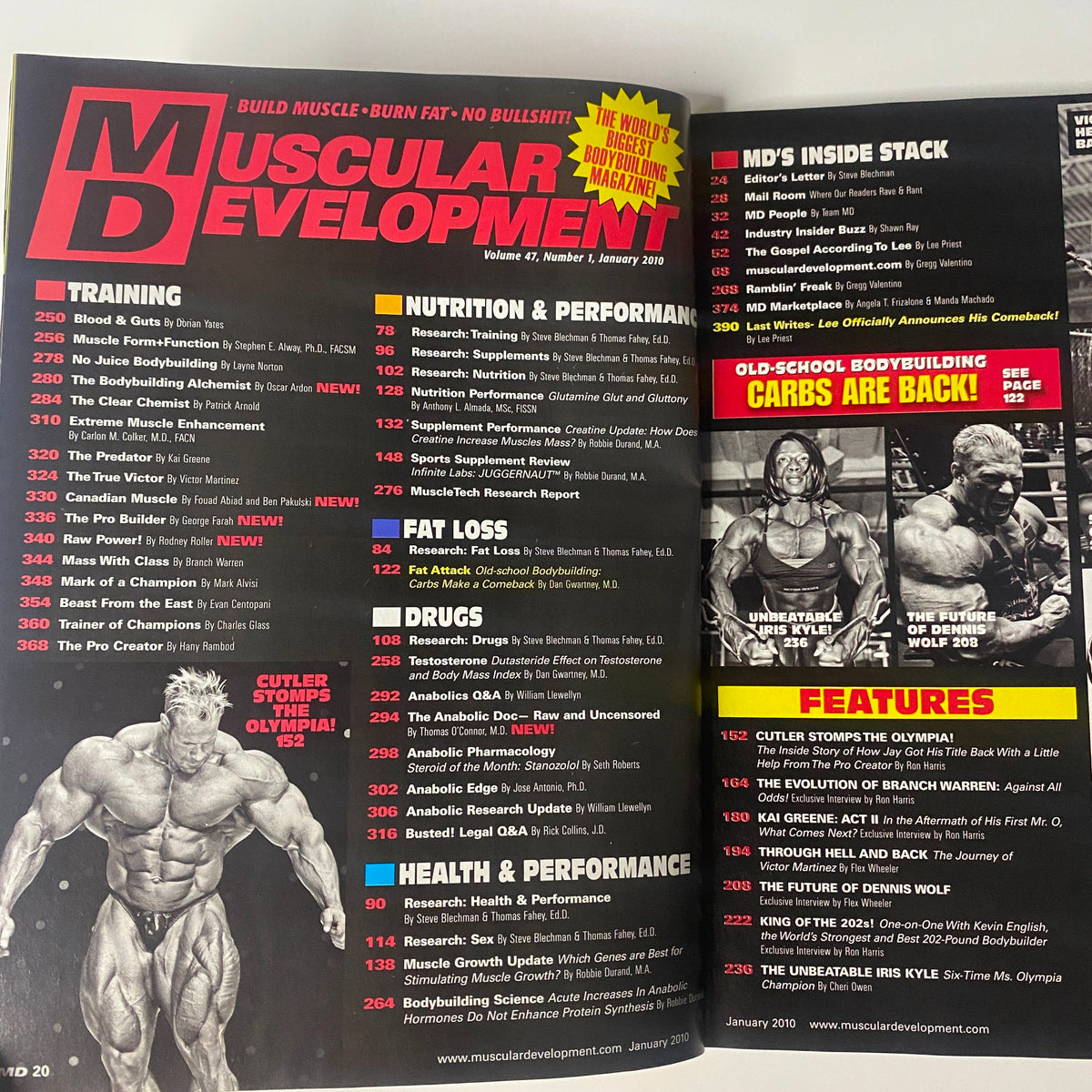 Inside contents page of Muscular Development Magazine January 2010 (Vol. 47, No. 1), showcasing articles on training, nutrition, fat loss, and features including interviews with bodybuilding legends.