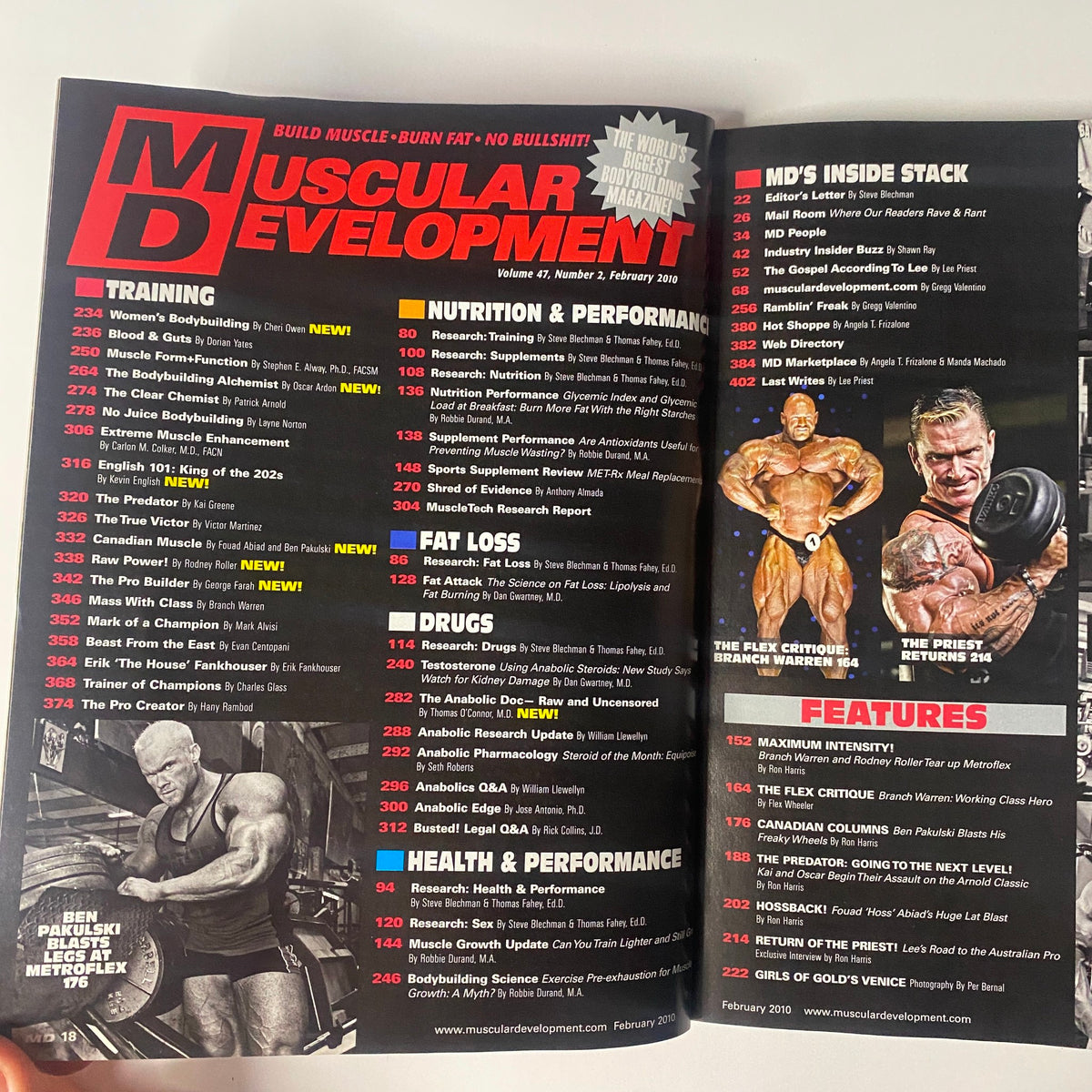 Interior spread of Muscular Development Magazine February 2010, Vol. 47 No. 2 displaying contents and topics including training, nutrition, and features on bodybuilding.
