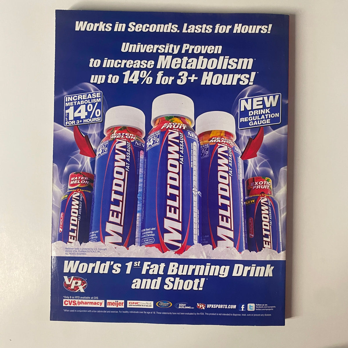 Advertisement page for Meltdown drink featured in Muscular Development Magazine February 2010, Vol. 47 No. 2, promoting fat burning capabilities and metabolism boost.