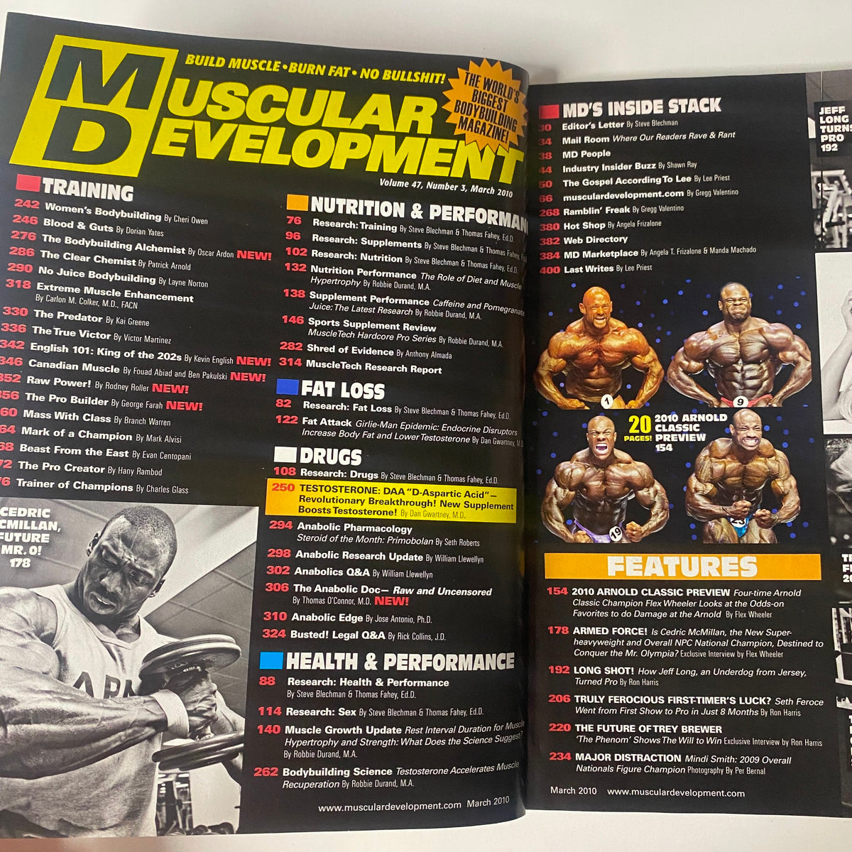 Interior page of Muscular Development Magazine March 2010 featuring Cedric McMillan on the cover. The page highlights various articles on bodybuilding including training, nutrition, fat loss, and drug supplements.