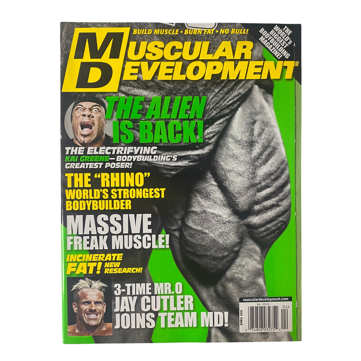 Cover of Muscular Development Magazine April 2010 featuring Kai Greene and Jay Cutler, showcasing bodybuilding and fitness themes with vibrant graphics and headlines.