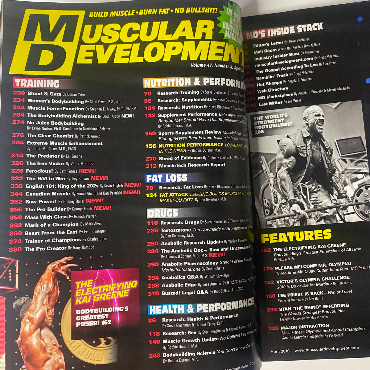 Inside spread of Muscular Development Magazine April 2010 presenting the table of contents, highlighting training, nutrition, and features by notable bodybuilders.