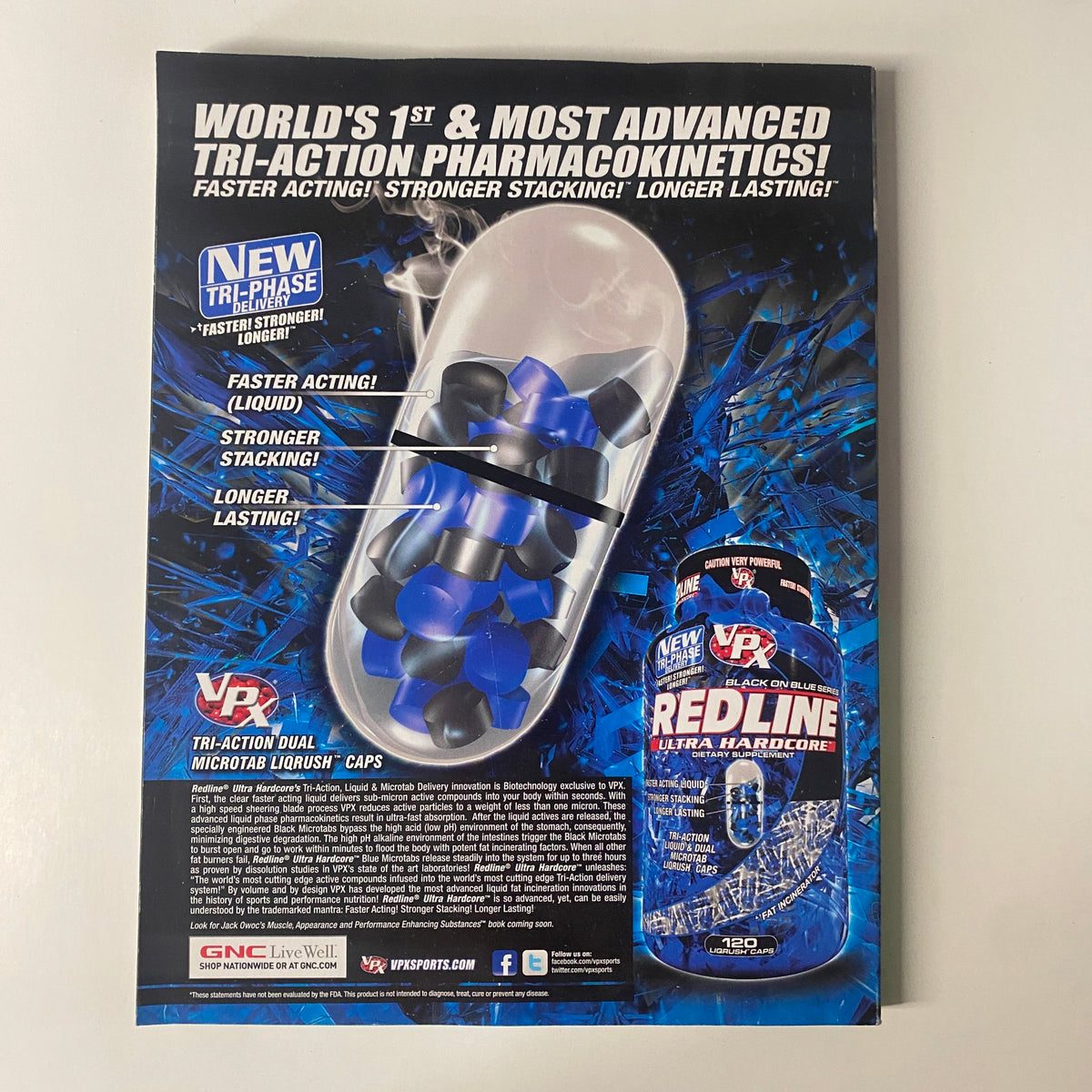 Back cover of Muscular Development Magazine April 2010 advertising VPX Redline Hardcore supplement with emphasis on advanced pharmacokinetics for enhanced performance.