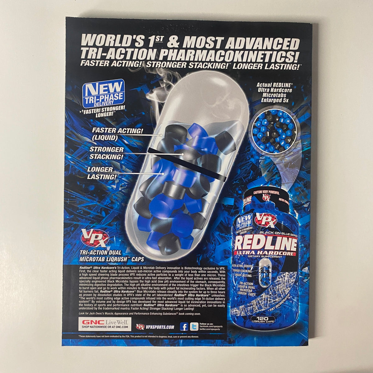 Advertisement for VPX Redline Ultra Hardcore from Muscular Development Magazine May 2010, Vol 47 No. 5, showcasing advanced pharmacokinetics for enhanced performance.