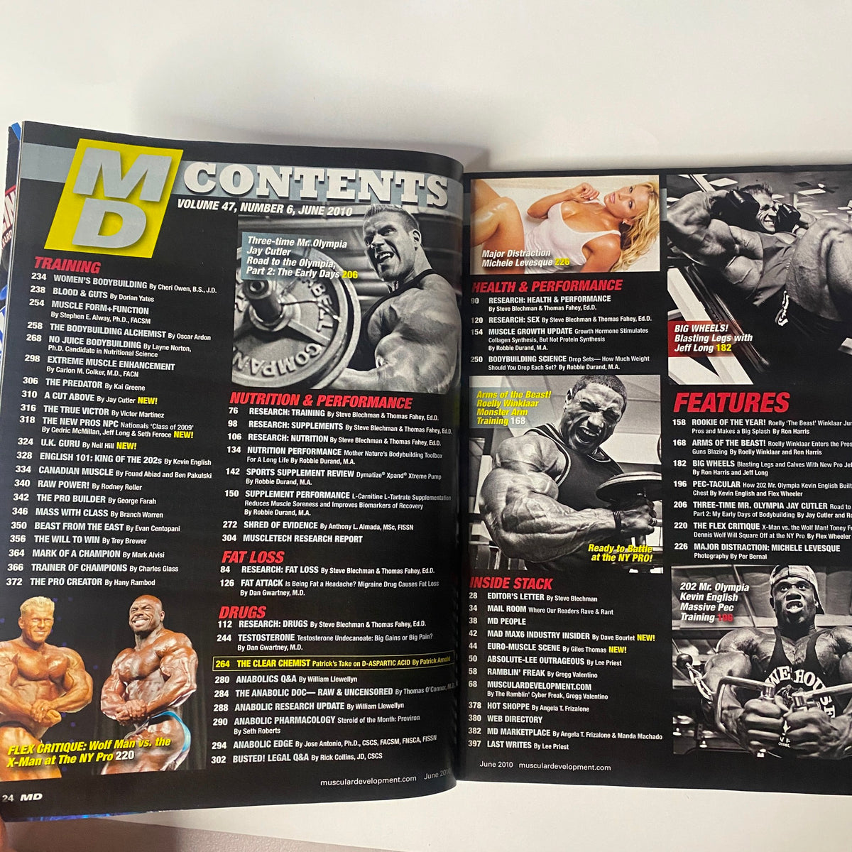 Inside spread of Muscular Development Magazine June 2010 Vol 47 No. 6, displaying the contents page with various articles on training, nutrition, and bodybuilding, highlighting features by notable figures in the fitness industry.