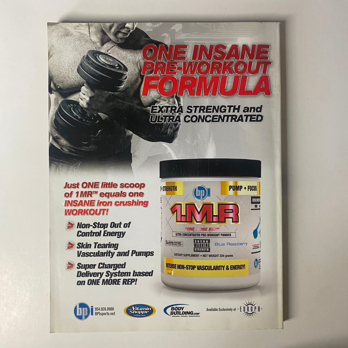 Advertisement for the 1MR pre-workout formula featured in Muscular Development Magazine July 2010 Vol 47 No. 7, showcasing strength and energy benefits for fitness enthusiasts.