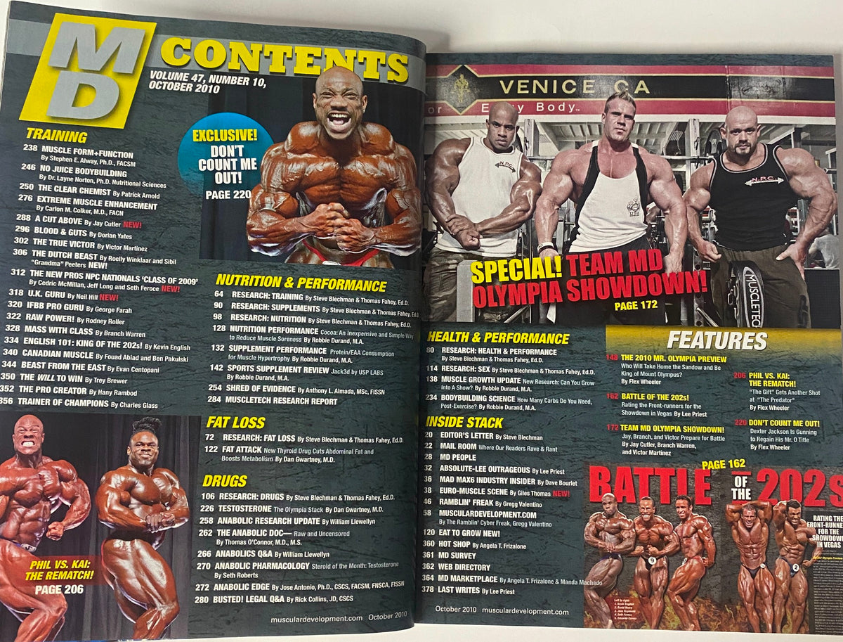 Inside content page of Muscular Development Magazine October 2010, detailing the features and articles, including previews for the Mr. Olympia showdown and health tips related to bodybuilding.