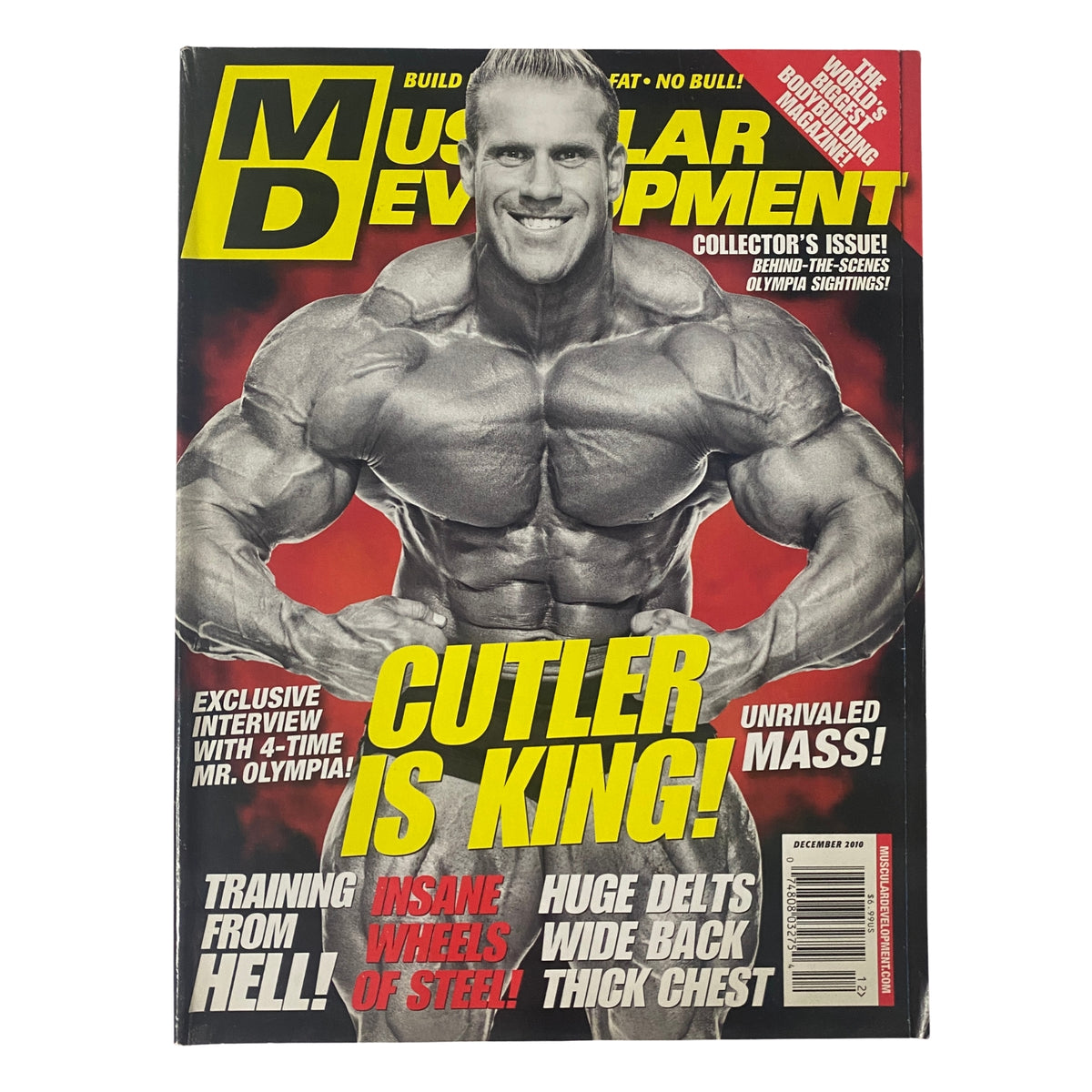 Muscular Development Magazine December 2010 featuring Jay Cutler, titled 'Cutler is King!', showcasing muscle building articles and tips for bodybuilding enthusiasts.