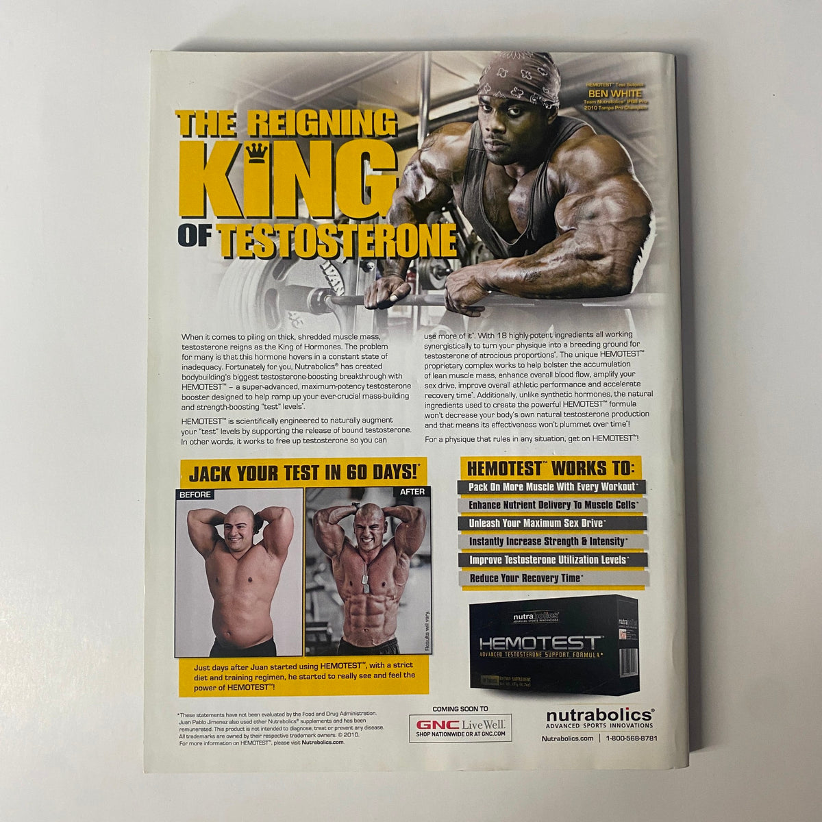Advertisement featuring Ben White for Hemotest, promoting testosterone enhancement. The image is from Muscular Development Magazine December 2010, showcasing the theme 'The Reigning King of Testosterone' with a focus on bodybuilding and fitness.