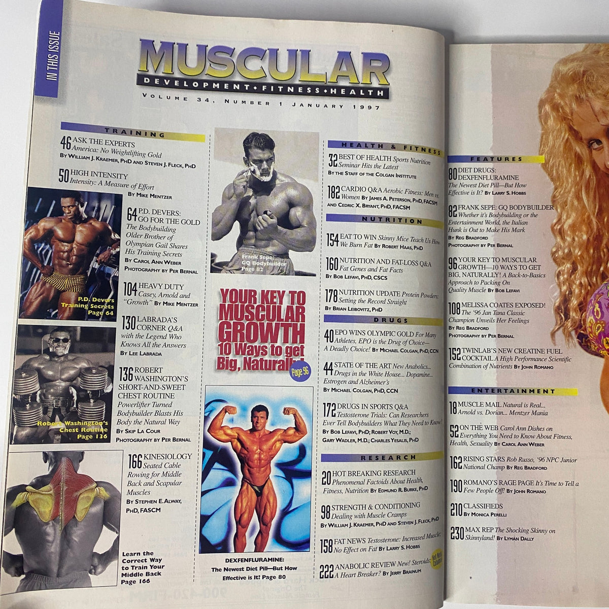 Table of contents from Muscular Development Magazine January 1997, highlighting feature articles including 'Your Key to Muscular Growth' and interviews with fitness experts.