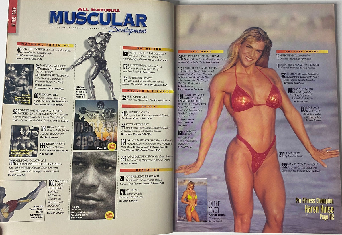 Muscular Development Magazine February 1997 featuring Karen Hulse. The magazine shows a table of contents highlighting fitness articles and features related to bodybuilding.