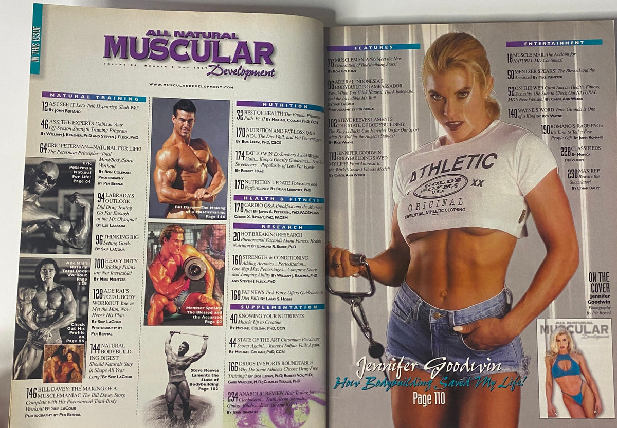 Interior page of Muscular Development Magazine May 1997 showcasing Jennifer Goodwin, highlighting her story and bodybuilding journey. The page features a list of articles and a central image of Goodwin promoting fitness.
