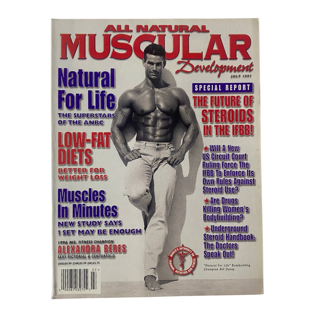Cover of Muscular Development Magazine July 1997 featuring professional fitness model Bill Davey, highlighting topics like body building and fitness culture.