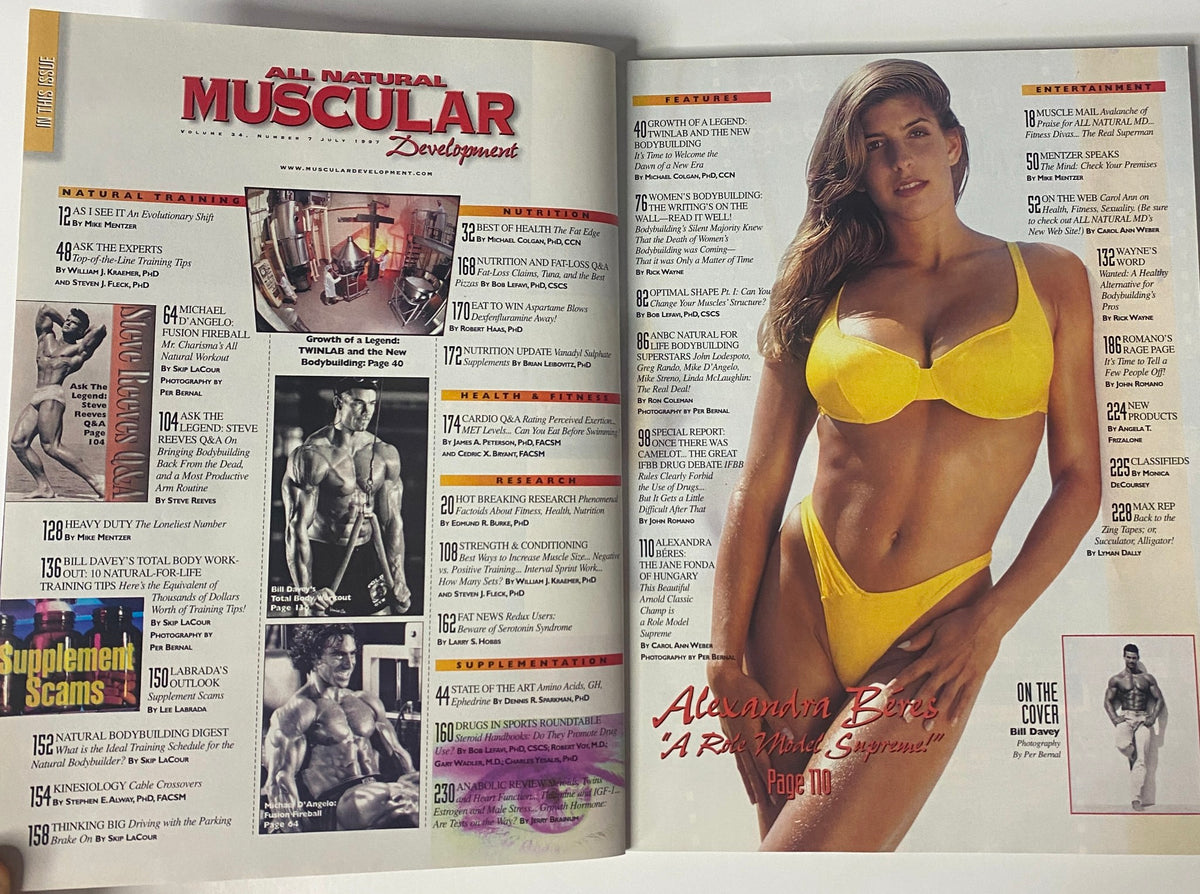 Inside spread of Muscular Development Magazine July 1997 showcasing the table of contents and a feature on model Alexandra Béres in a yellow bikini, discussing fitness and health.
