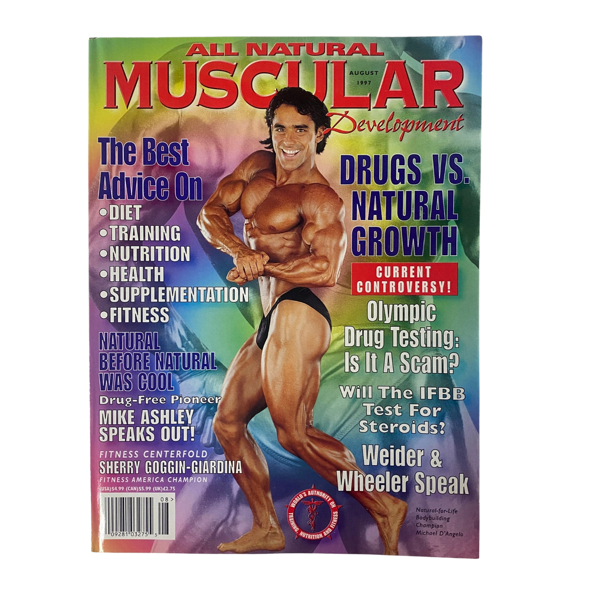 Cover of Muscular Development Magazine August 1997 featuring Mike D'Angelo showcasing bodybuilding tips and fitness advice.