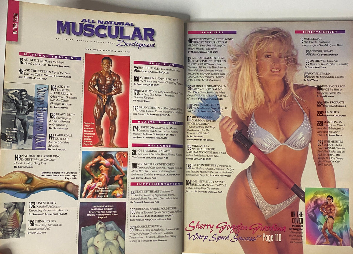 Interior spread of Muscular Development Magazine August 1997 highlighting Sherry Goggin-Giardina and articles on natural bodybuilding.