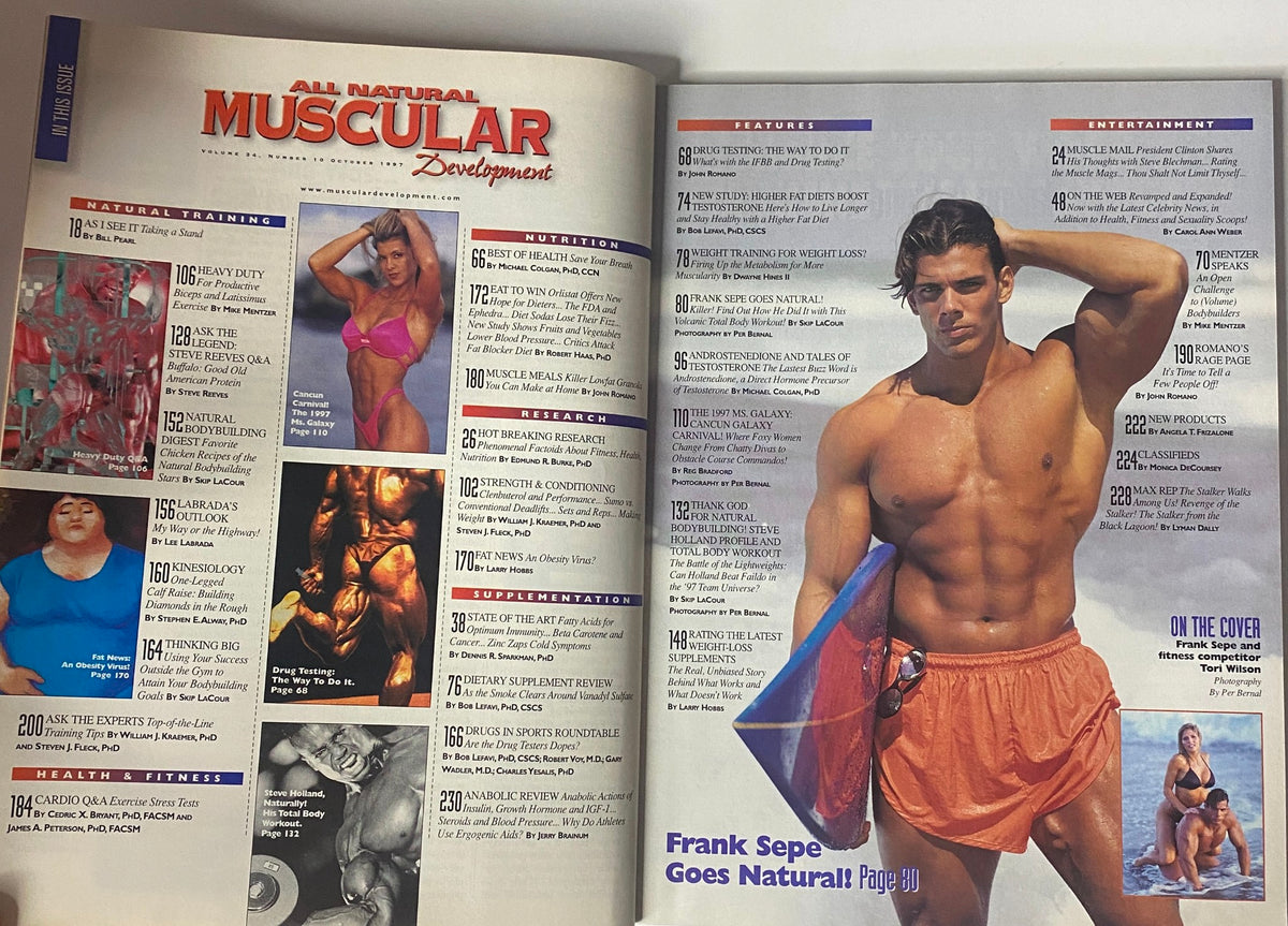 Inside spread of Muscular Development Magazine October 1997 showcasing features including Frank Sepe's workout tips and bodybuilding news.