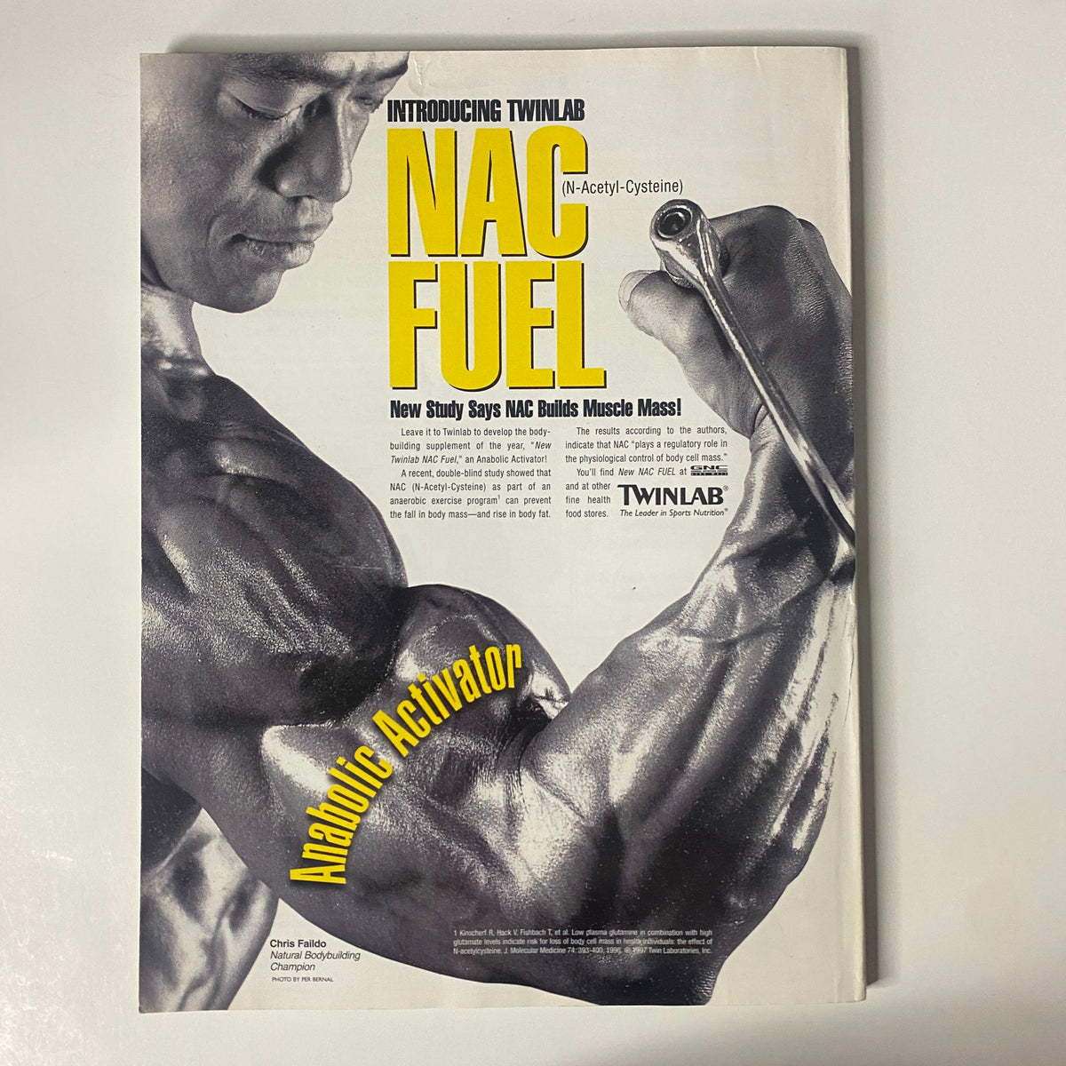 Back cover of Muscular Development Magazine October 1997 introducing Twinlab NAC Fuel for muscle mass enhancement.