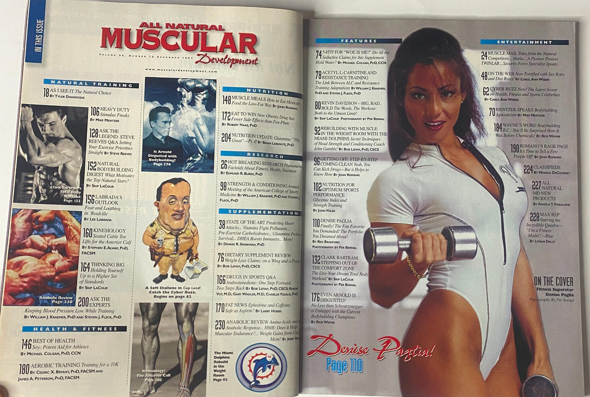 Inside view of Muscular Development Magazine December 1997 featuring a contents page with Denise Paglia on the cover and articles listed.