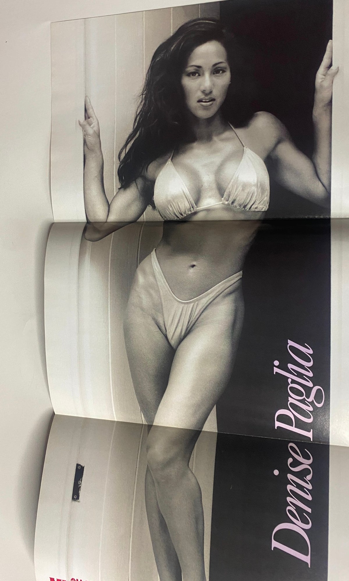 Full-page image of Denise Paglia in a bikini showcasing her physique from the Muscular Development Magazine December 1997 issue.