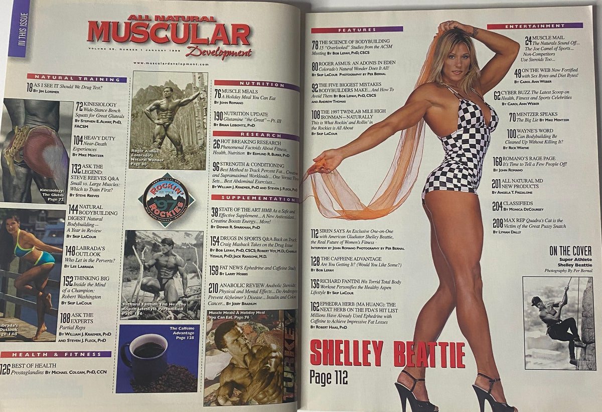 Muscular Development Magazine January 1998 featuring Shelley Beattie on page 112, showcasing fitness articles and features. Vintage bodybuilding publication.