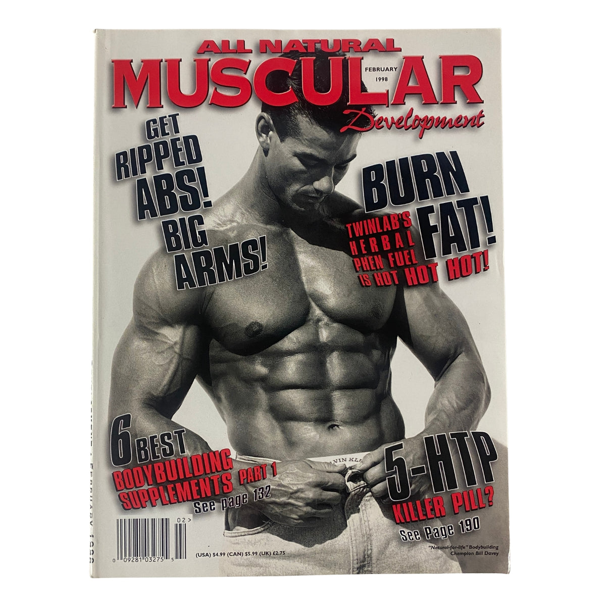 Cover of Muscular Development Magazine February 1998 featuring Bill Davey showcasing a muscular physique, with the title highlighting fitness topics such as 'Get Ripped Abs! Big Arms!' and 'Burn Fat!'.