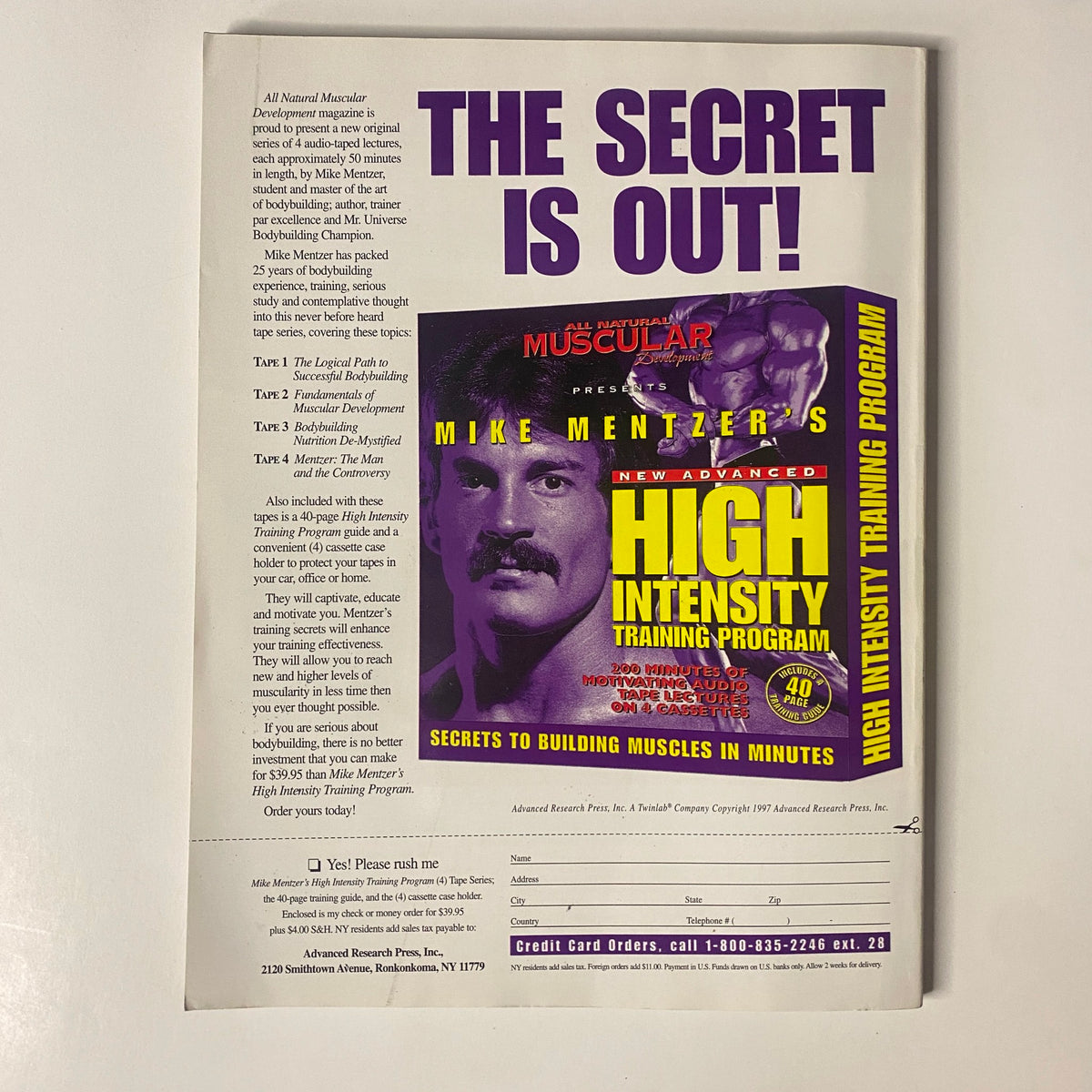 Muscular Development Magazine February 1998 ad page featuring Mike Mentzer's High Intensity Training Program, promoting bodybuilding secrets and muscle building techniques.