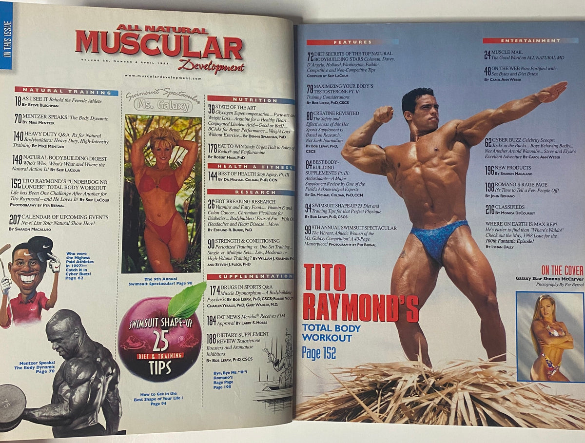 Inside page of Muscular Development Magazine April 1998 displaying the table of contents and features including Tito Raymond's workout, with images showcasing bodybuilders.