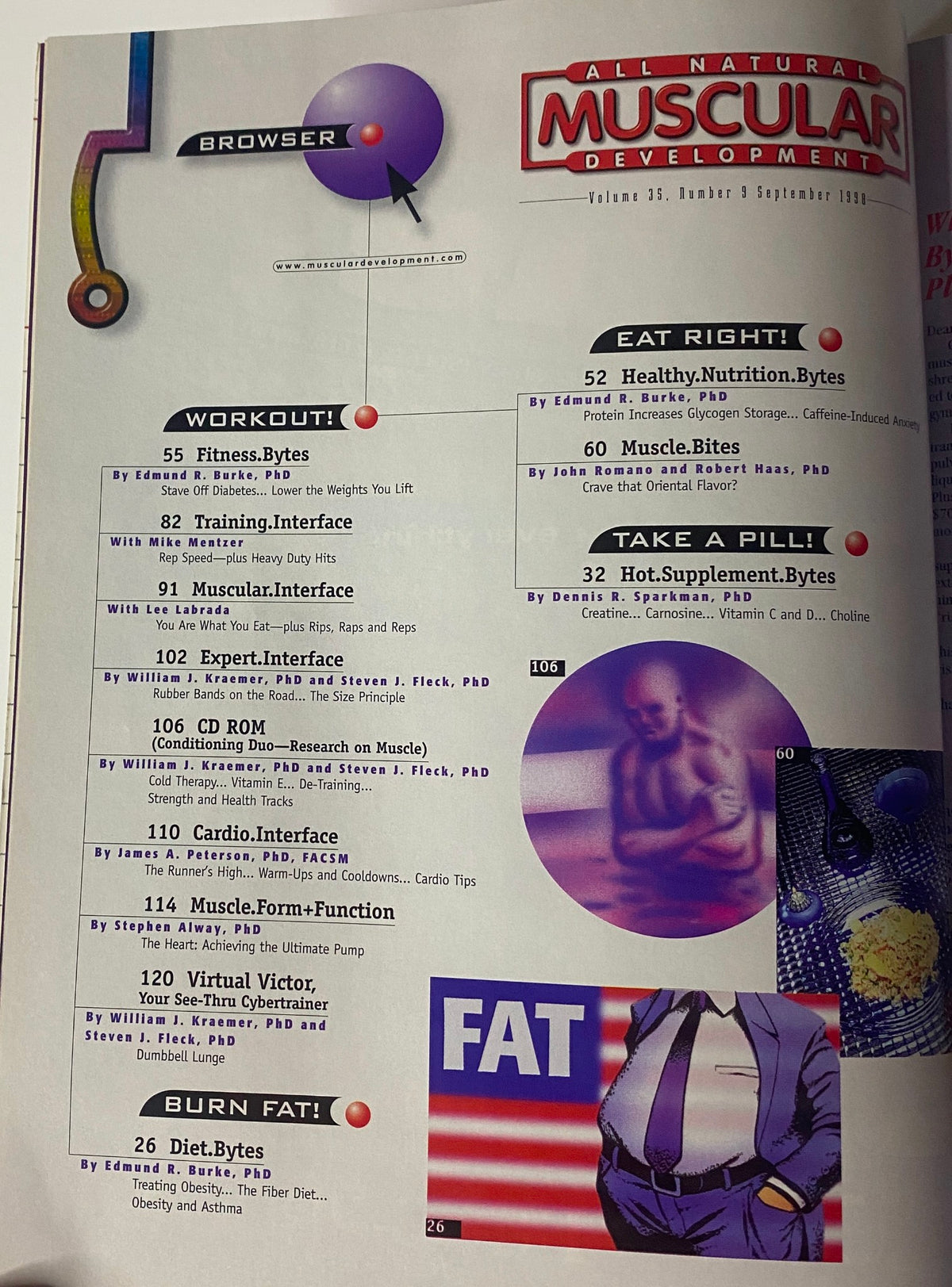 Table of contents from Muscular Development Magazine September 1998, detailing various articles on workout strategies, nutrition, and health.