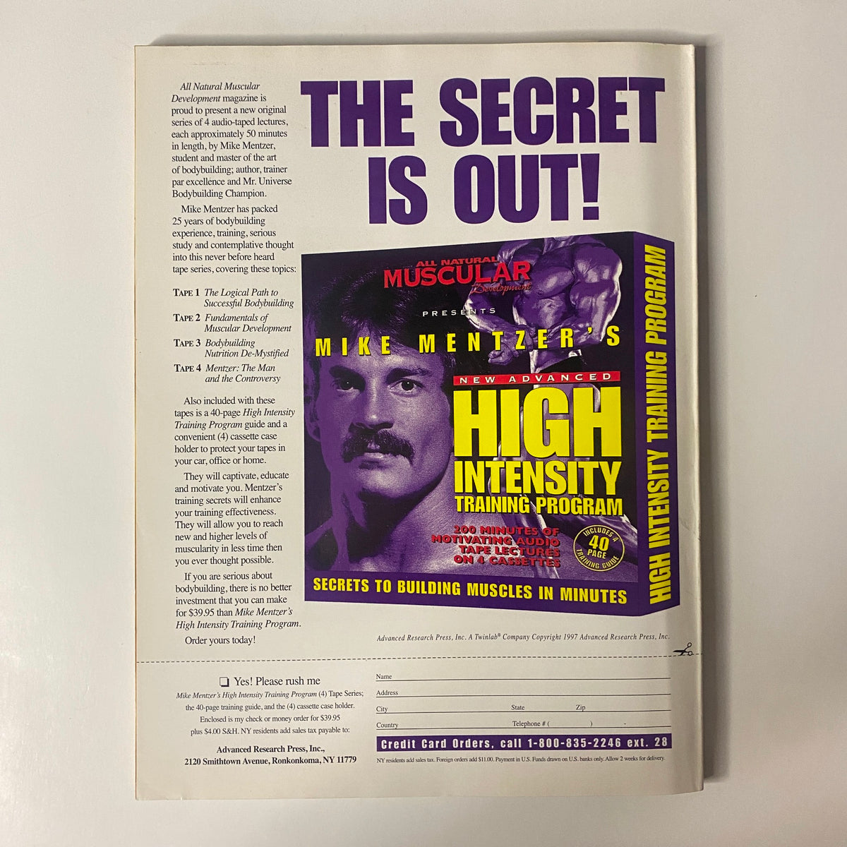 Back cover of Muscular Development Magazine June 1998 promoting Mike Mentzer's High Intensity Training Program, with details on secrets to building muscles effectively.