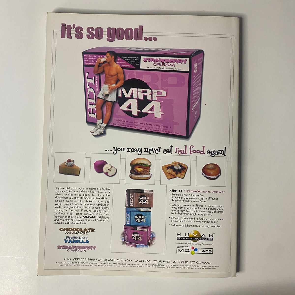 Back cover of Muscular Development Magazine November 1998 showcasing a promotional advertisement for MRP-44, a nutritional product, highlighting its benefits and features.