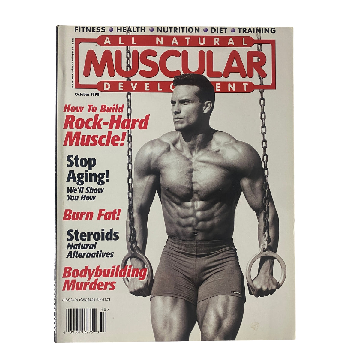 Cover of Muscular Development Magazine, October 1998 featuring Roger Asmus, showcasing fitness and bodybuilding topics including strength training and nutrition.